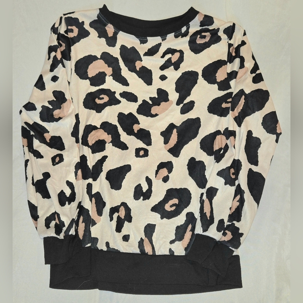 Leopard Print Women's Long Sleeve Crew Neck Top Black Band At Waist And Cuffs